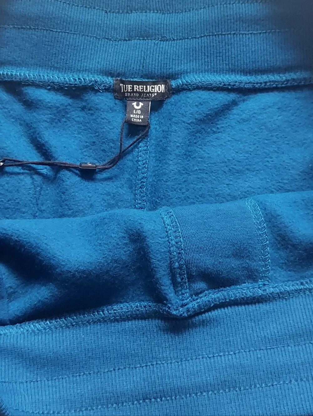 NWOT True Religion Horseshoe Logo Fleece Cotton Shorts Turquoise Blue Large